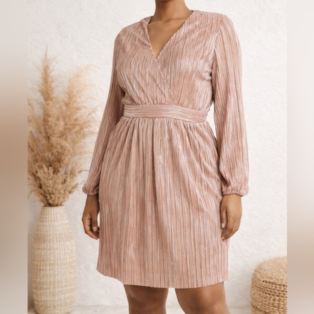 Maje Rixo Plissé Glam Shimmer Mini Wedding Guest Dress in Pale Pink